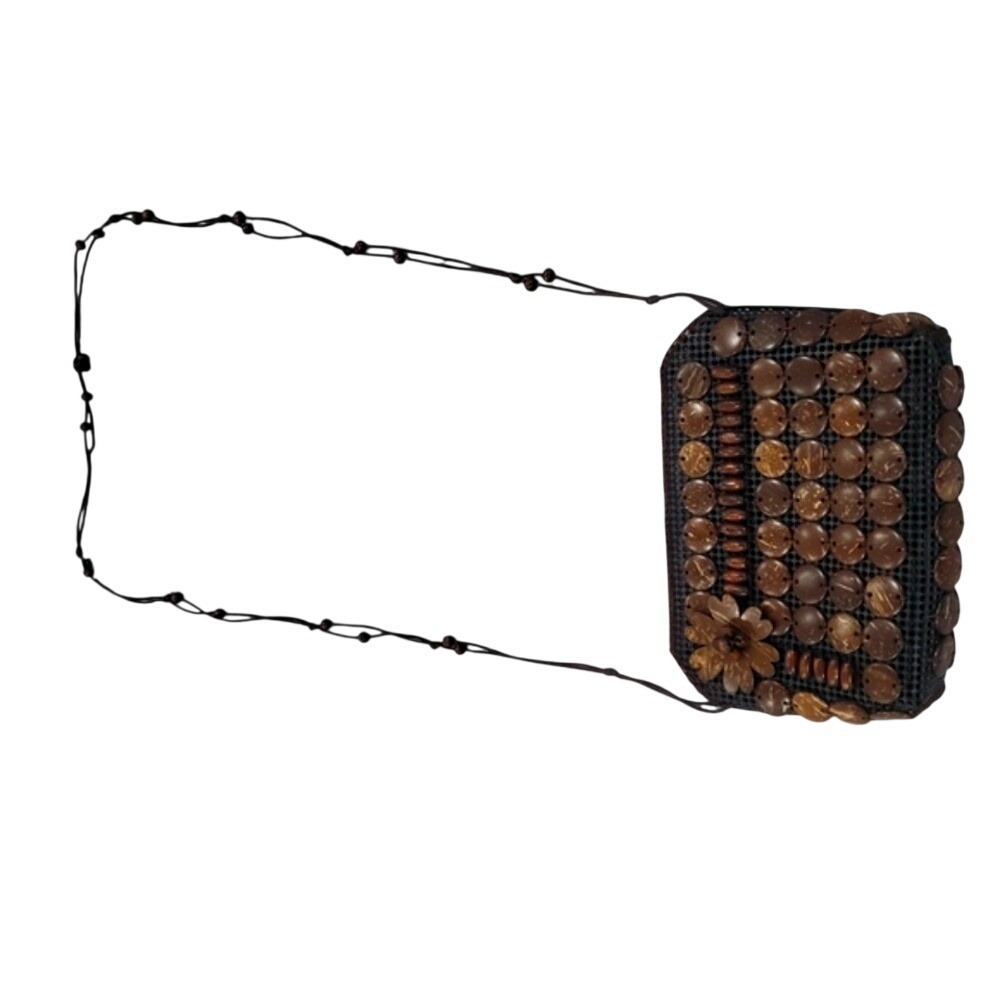 Handmade Coconut Shell Crossbody Bag – Eco-Friendly Boho Purse with Flower